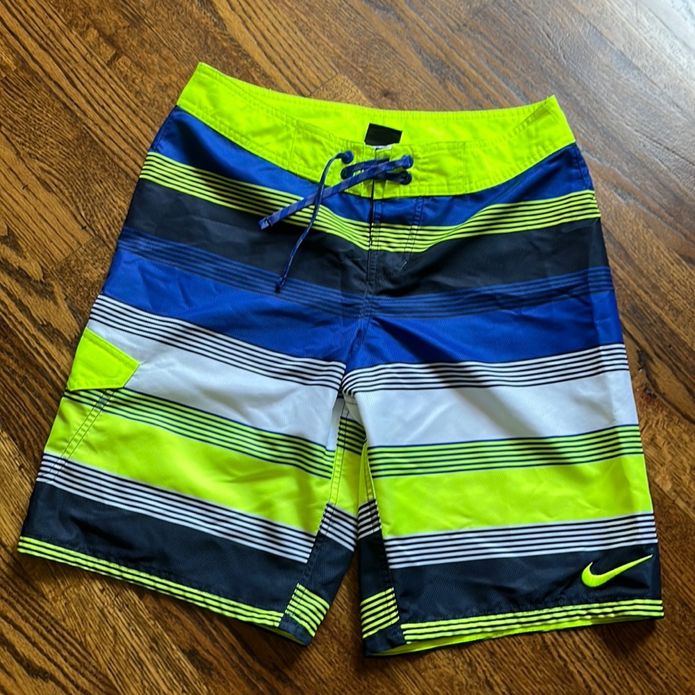 EUC Nike Swim Trunks Youth XL Neon Green Blue Stripe